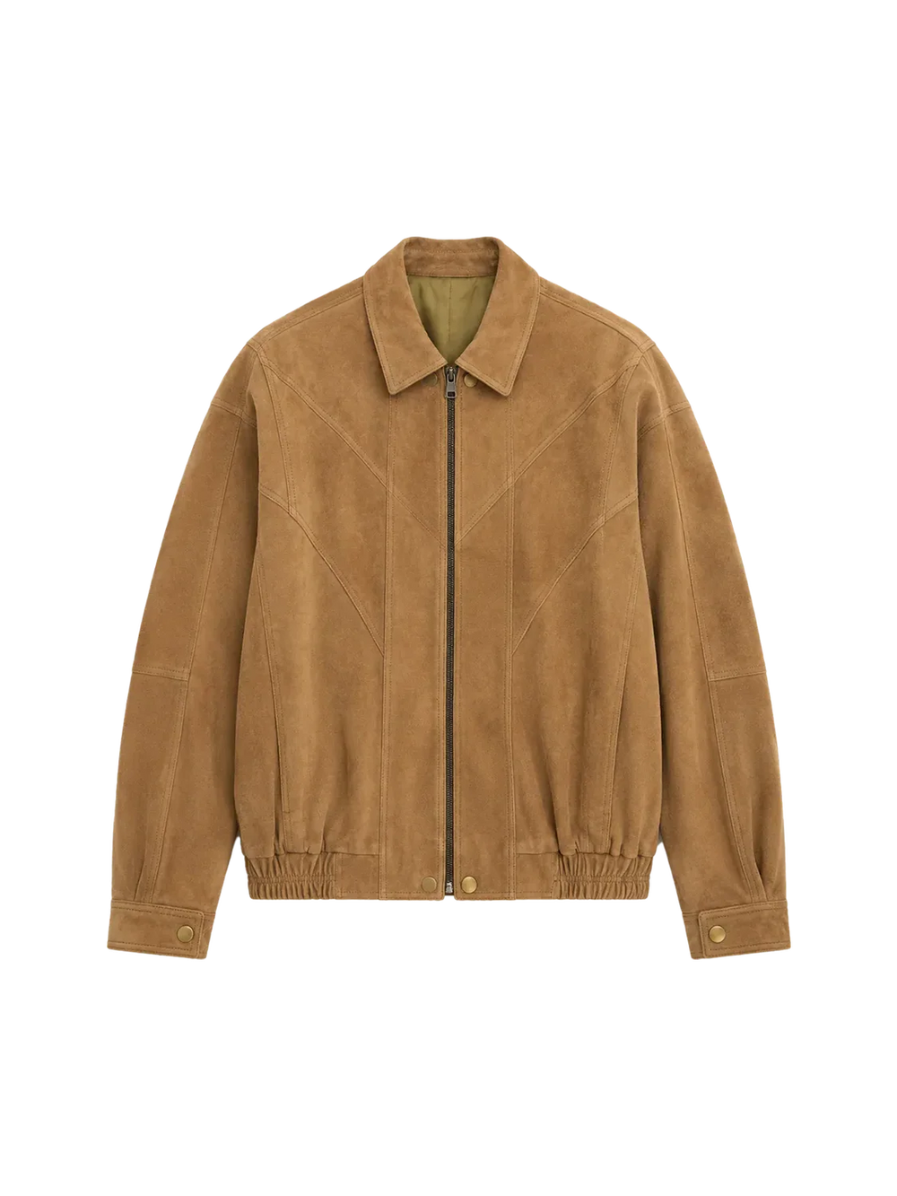 Suede leather jacket showing collar sleeve pocket and front contact zones