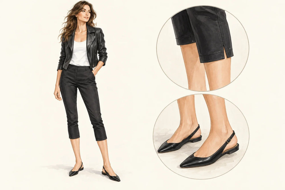 Full-length editorial fashion illustration adult woman in open short black leather jacket, white tank, slim black capri pants ending just below knee/miduppercalf, black flat slingback shoes.