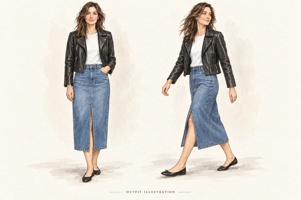 Illustrated denim midi skirt with a black jacket, standing and taking a step.