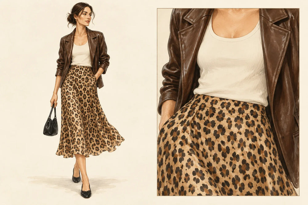 Full-length editorial fashion illustration adult woman wearing open brown leather jacket, plain cream tank visible at waist, tan leopard-print fluid midi skirt, black simple flats and small black bag.