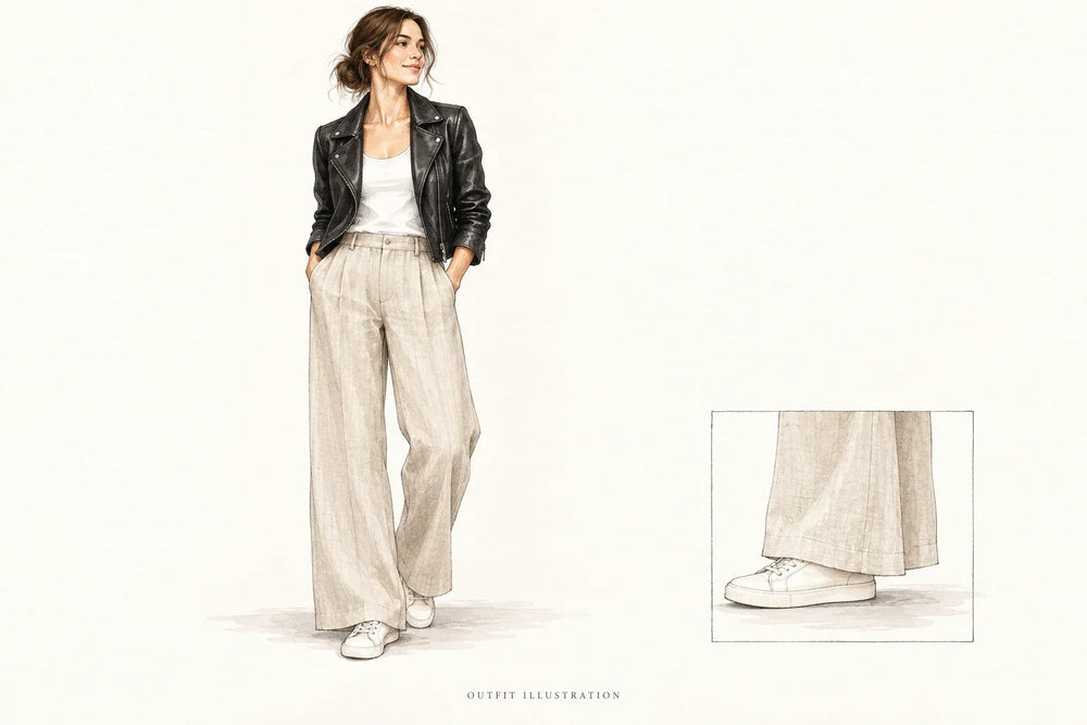 Illustrated black jacket and natural-colored loose trousers with hem clearance detail.