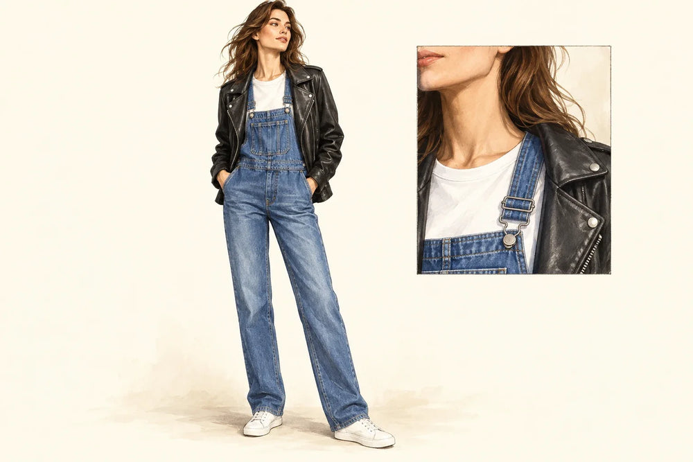 Full-length editorial fashion illustration adult woman in open black leather jacket over blue denim bib overalls and plain white tee, lowprofile white sneakers.