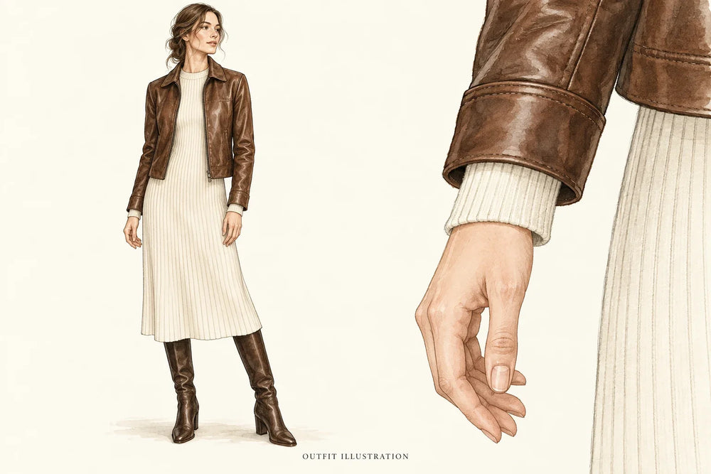 Illustrated brown jacket over a cream ribbed dress, with sleeve layering detail.