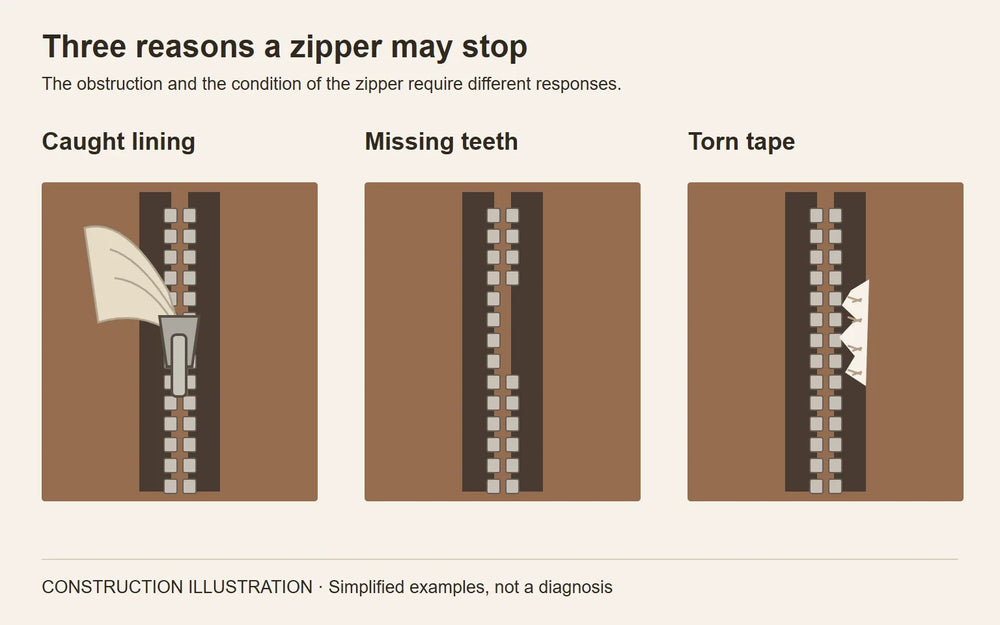 Schematic comparison of caught lining, missing teeth and torn zipper tape
