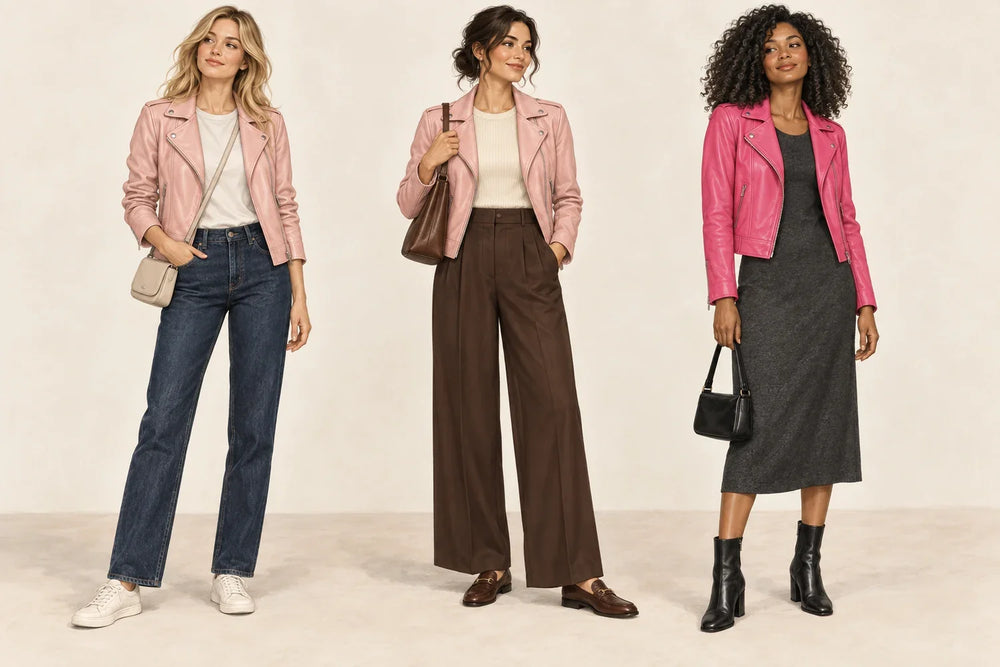 Illustrated blush leather jackets with jeans and brown trousers, and a bright pink jacket over a charcoal dress.