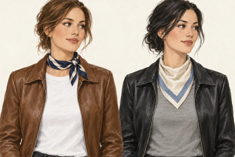 Two illustrated leather-jacket necklines showing a loose side-knot scarf and a triangle-front square scarf inside open collars.