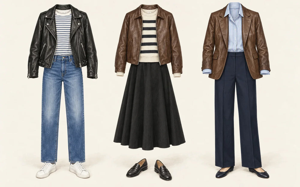Illustrated leather jackets over a striped tee with jeans, a striped knit with a skirt, and a striped shirt with trousers.