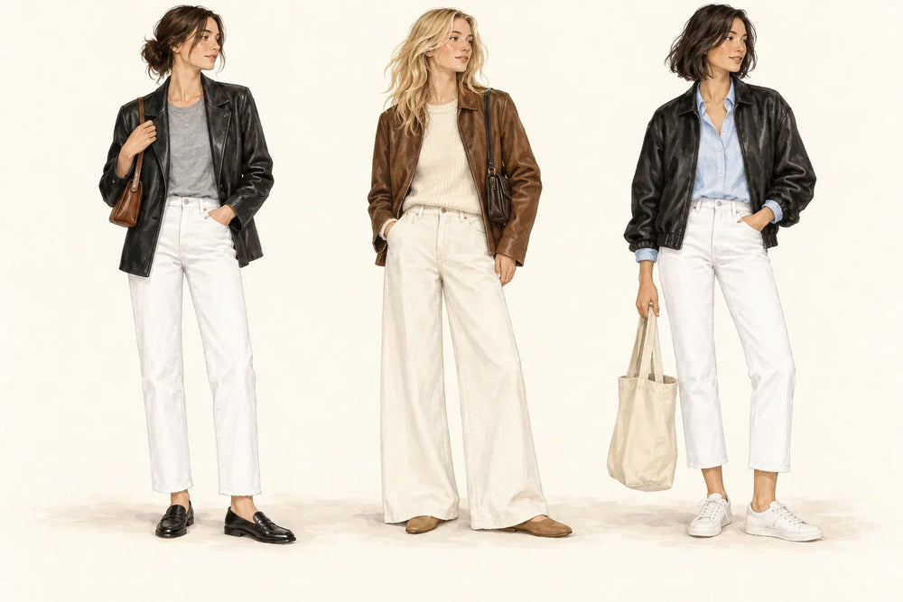 Illustrated leather-jacket outfits with straight, wide and cropped white jeans and clearly visible shoes.