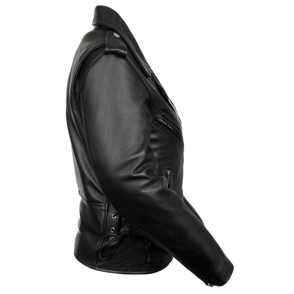 Side of black biker jacket with eyelets and laces near the lower side