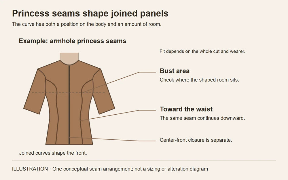The front panel curve has both a position and an amount of room. Conceptual illustration, not a garment measurement or fit guarantee.