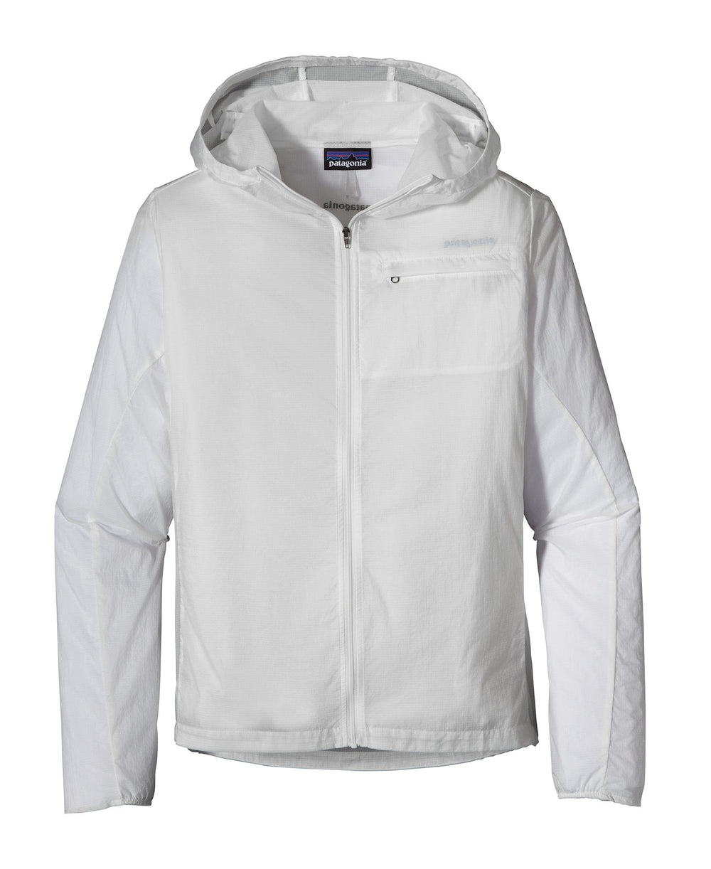 White Patagonia Houdini hooded jacket shown from the front