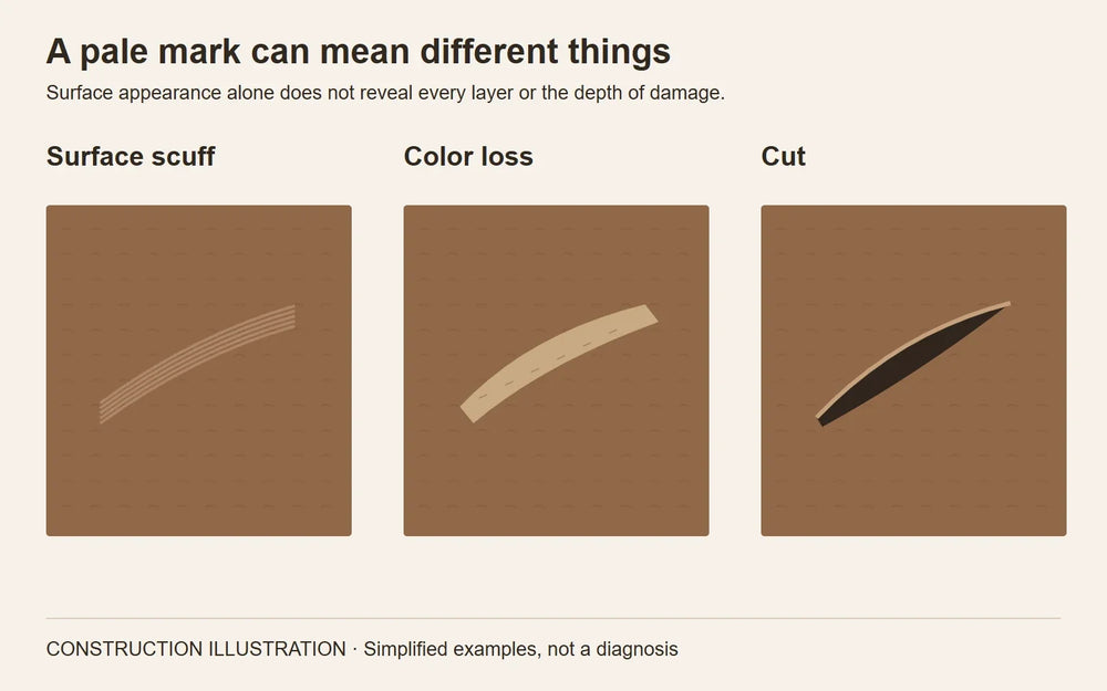 Schematic comparison of a surface scuff, lost pigment and an open cut