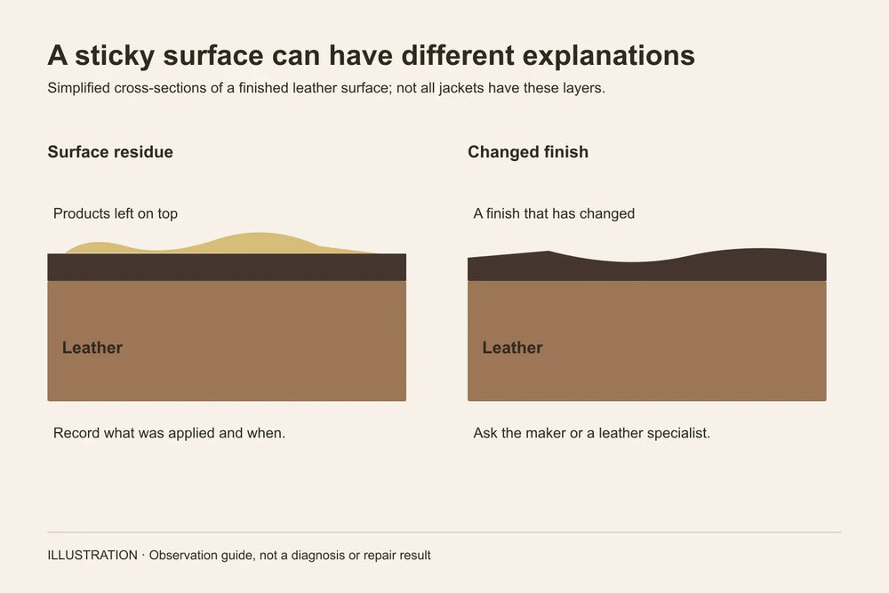 Diagram of leather, a surface finish and residue, compared with a changed finish.