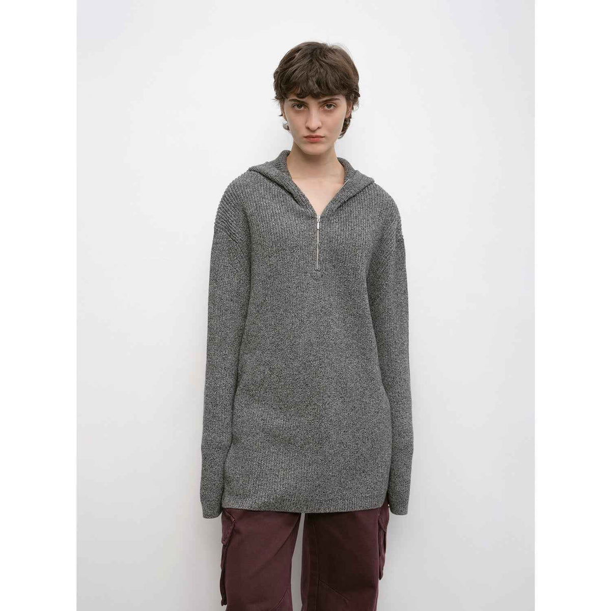 FireladyFur Autumn Ticket cotton-Merino blend hooded sweater with half zipper