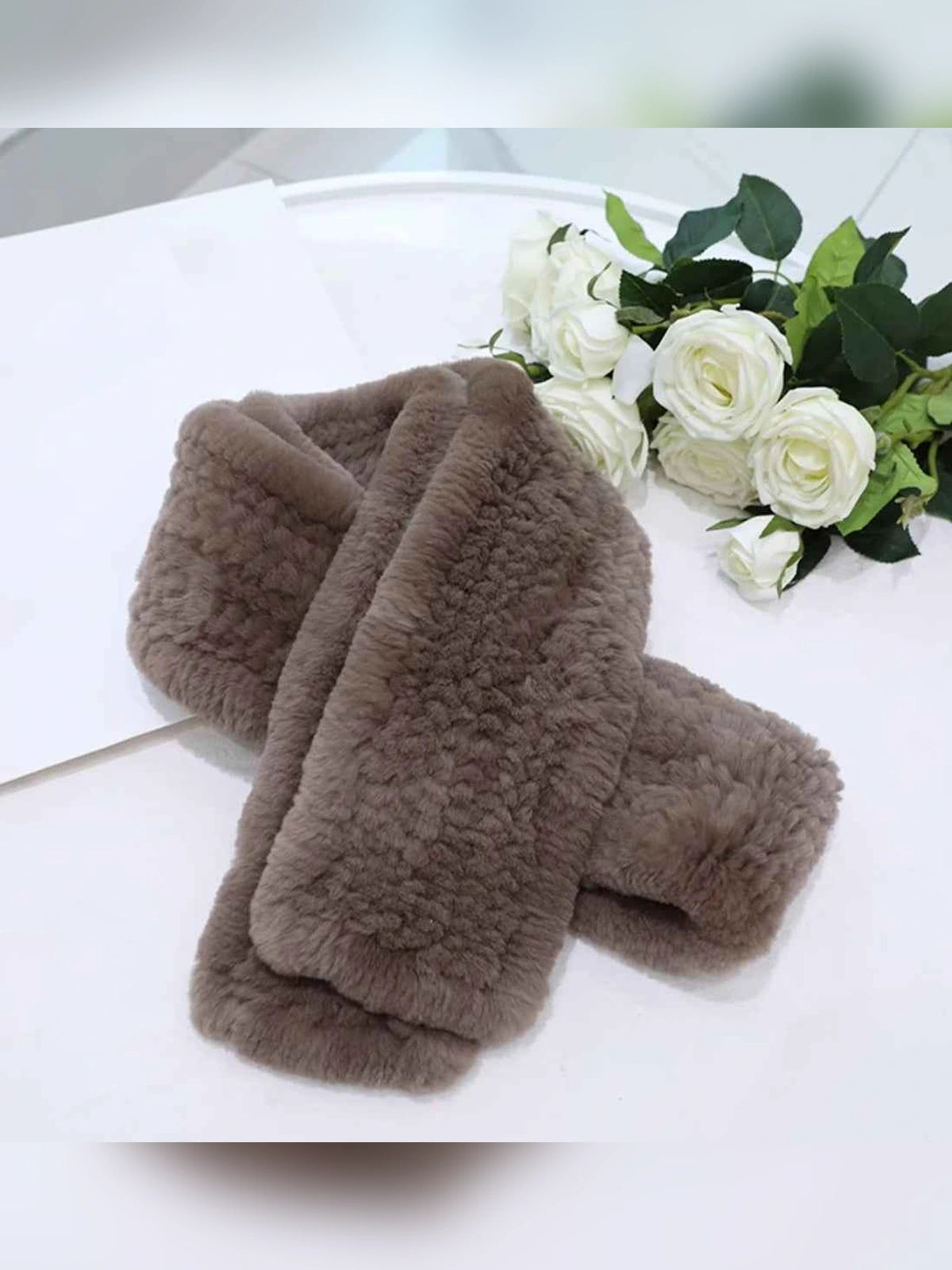 Women's Rex rabbit fur long scarf in Coffee – product and material detail | Firelady Fur