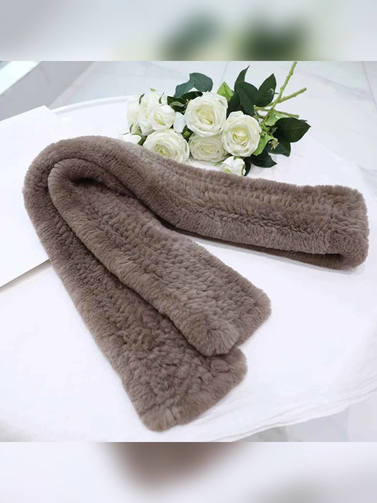 Women's Rex rabbit fur long scarf in Coffee – product and material detail | Firelady Fur