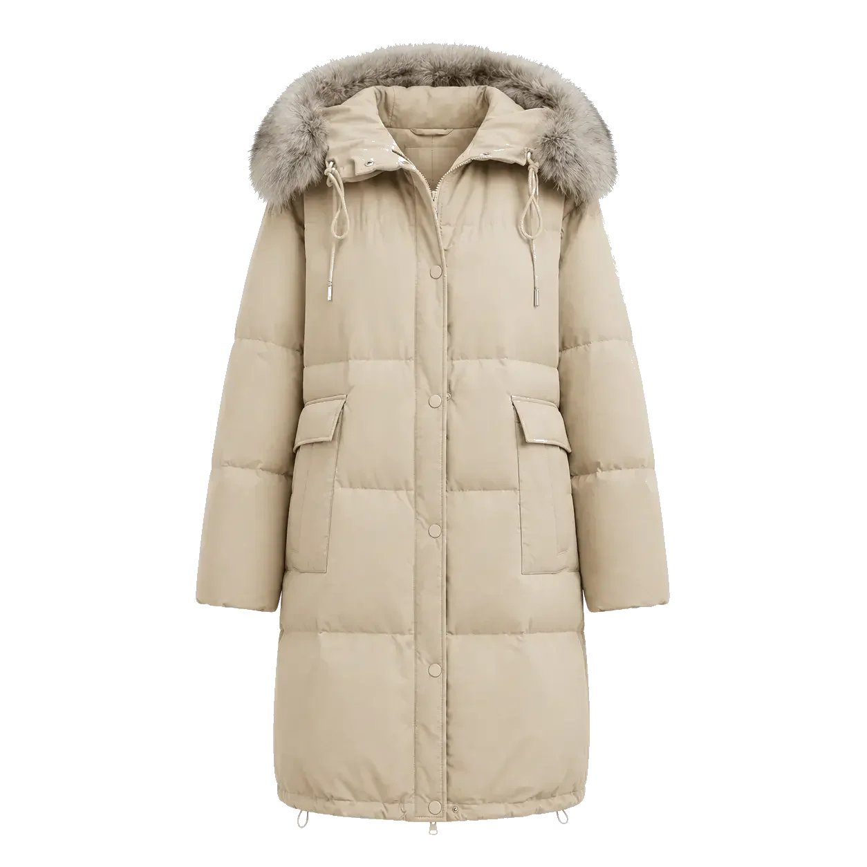 Firelady Fur Blue Winter Style light apricot women's goose down parka with detachable fox fur collar front cutout