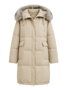 Firelady Fur Blue Winter Style light apricot women's goose down parka with detachable fox fur collar front cutout