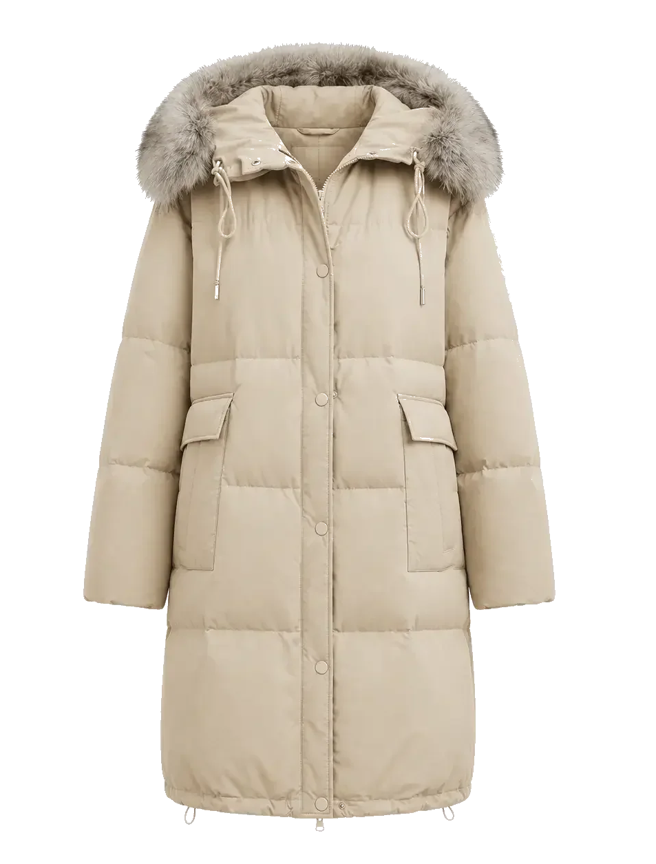 Firelady Fur Blue Winter Style light apricot women's goose down parka with detachable fox fur collar front cutout