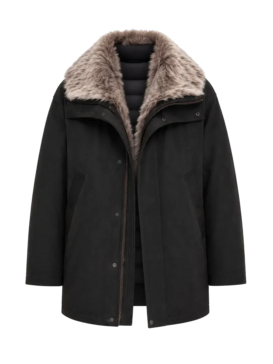 Firelady Fur Ode to the Stars black down parka with detachable Tokaj fur collar front cutout