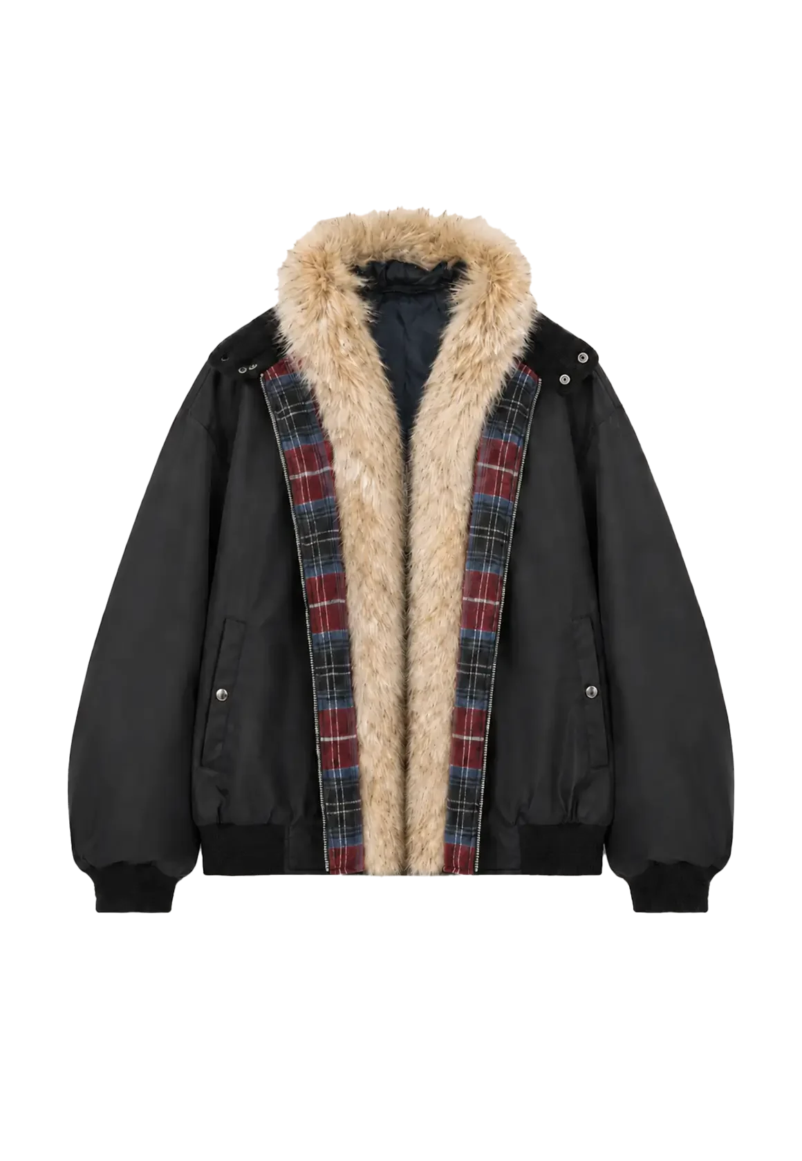 Firelady Fur Urban Warmth women's Black lightweight parka with detachable wolf fur collar front cutout