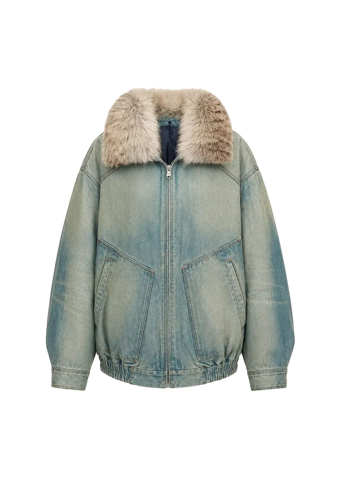 Firelady Fur Warm Mist Glass women's Blue denim parka with SAGAFURS fox fur collar front cutout
