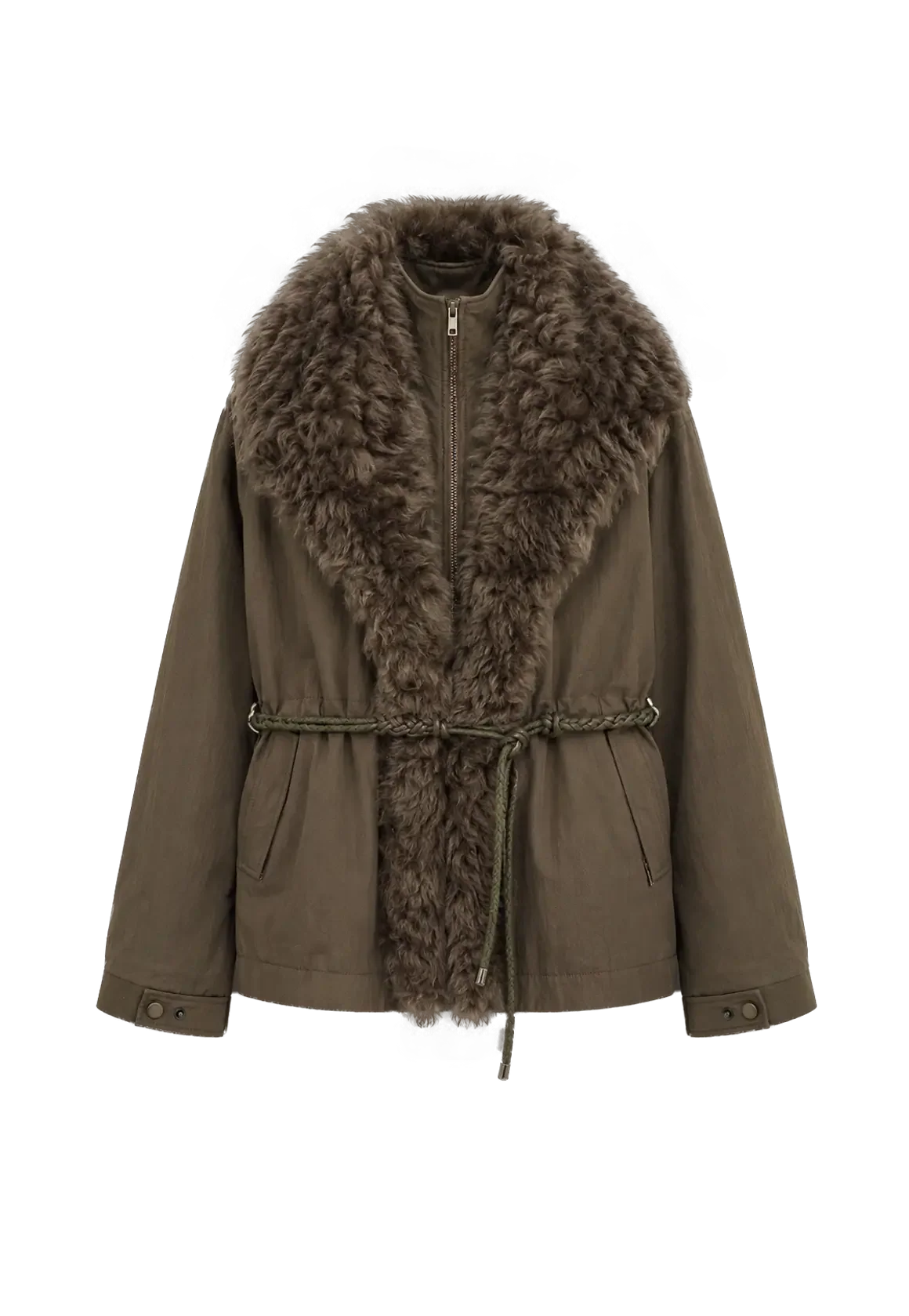 Firelady Fur The Wizard of Oz gray green Toscana shearling lined parka jacket cutout