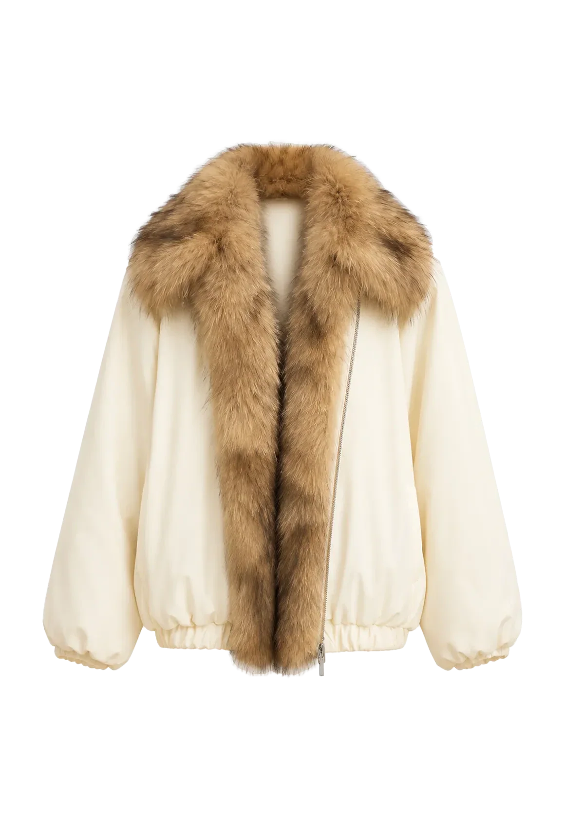 Fireladyfur Day and Night Rider off-white down jacket with contrasting fox fur collar front cutout