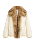 Fireladyfur Day and Night Rider off-white down jacket with contrasting fox fur collar front cutout