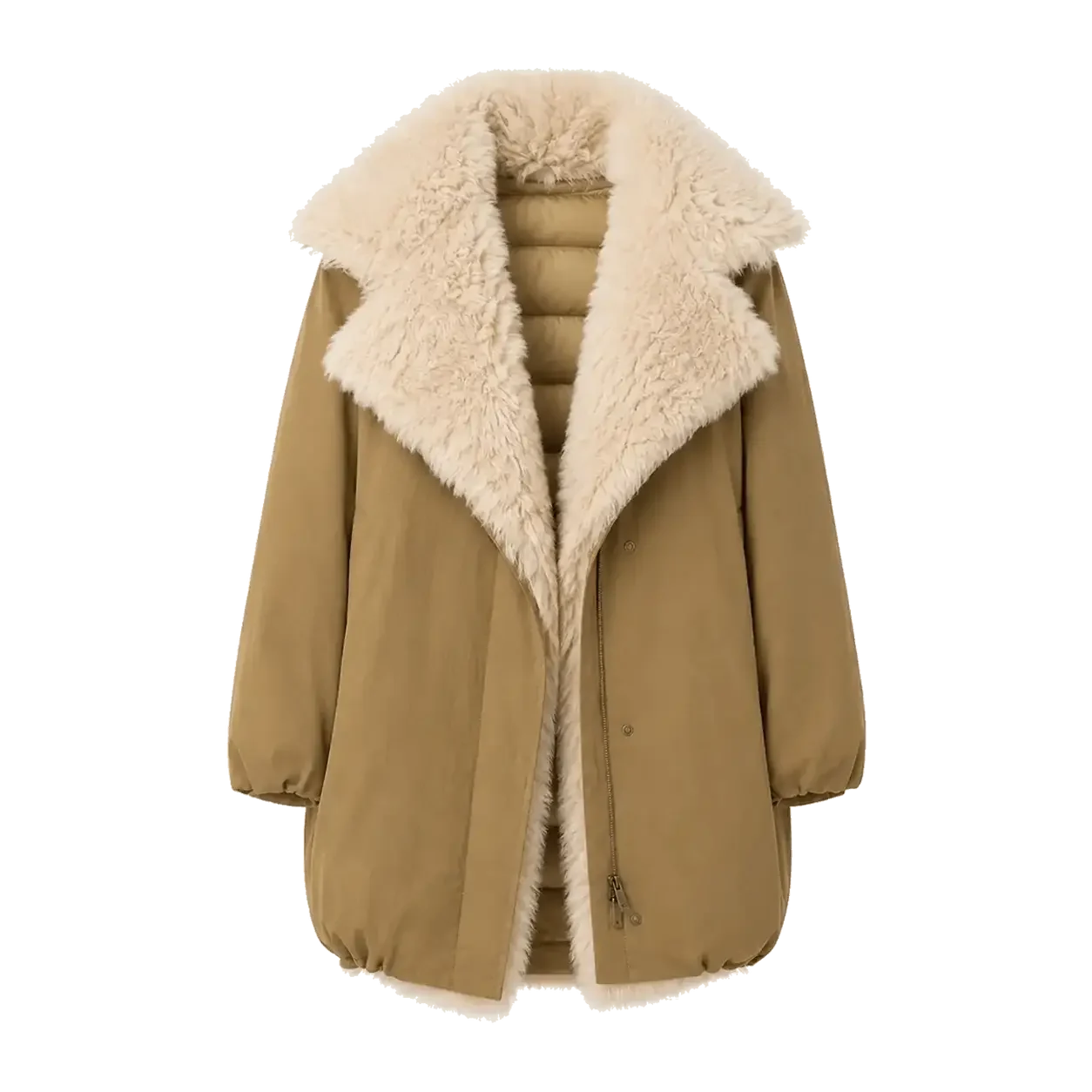 Fireladyfur Modern Introduction women's Khaki Sheepskin goose down parka with Tuscan wool collar front cutout