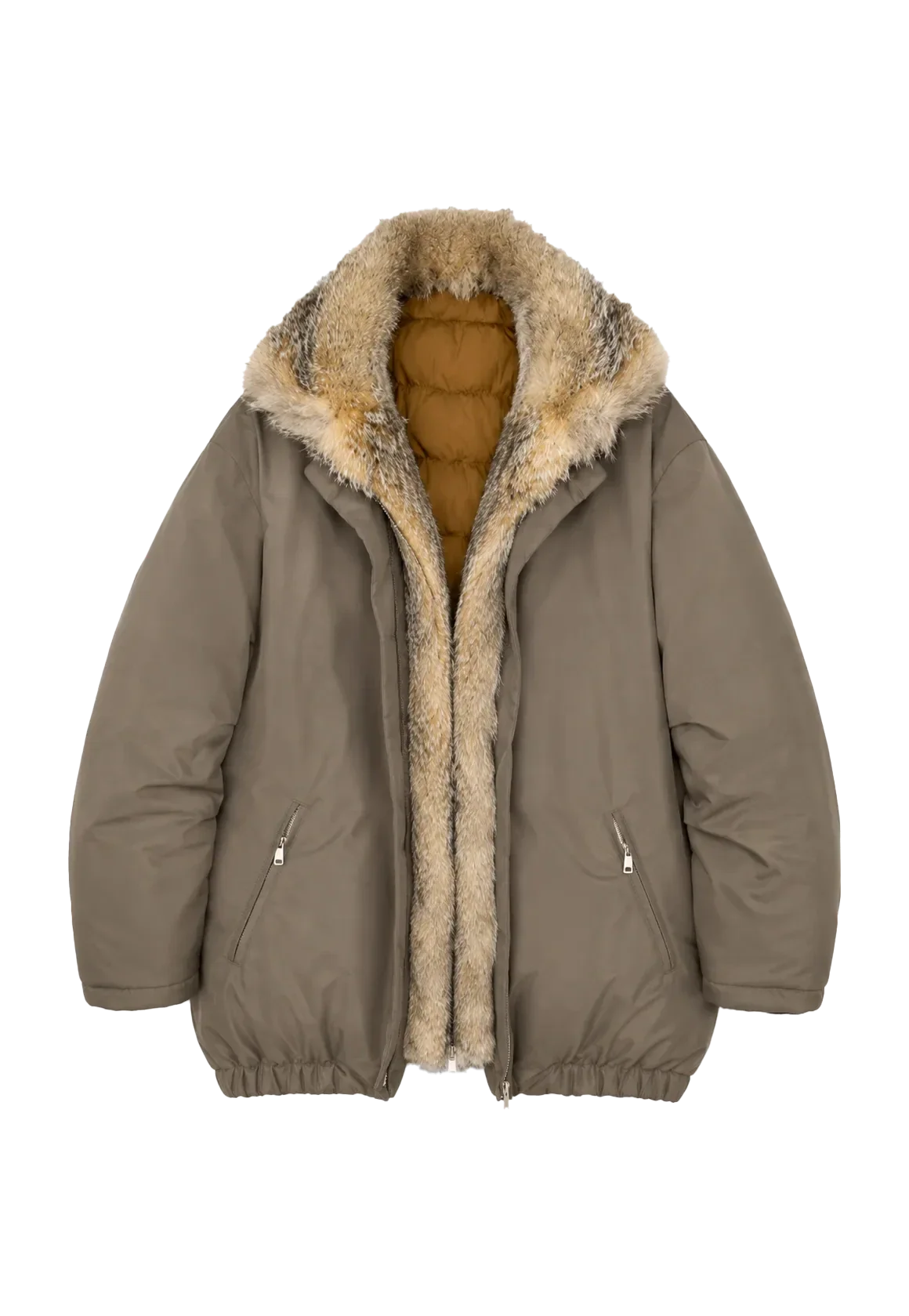 Fireladyfur Travel Notes sand green down jacket with fluffy fox fur collar front cutout