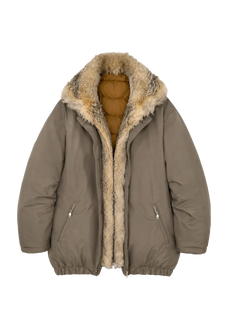 Fireladyfur Travel Notes sand green down jacket with fluffy fox fur collar front cutout
