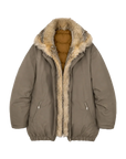 Fireladyfur Travel Notes sand green down jacket with fluffy fox fur collar front cutout