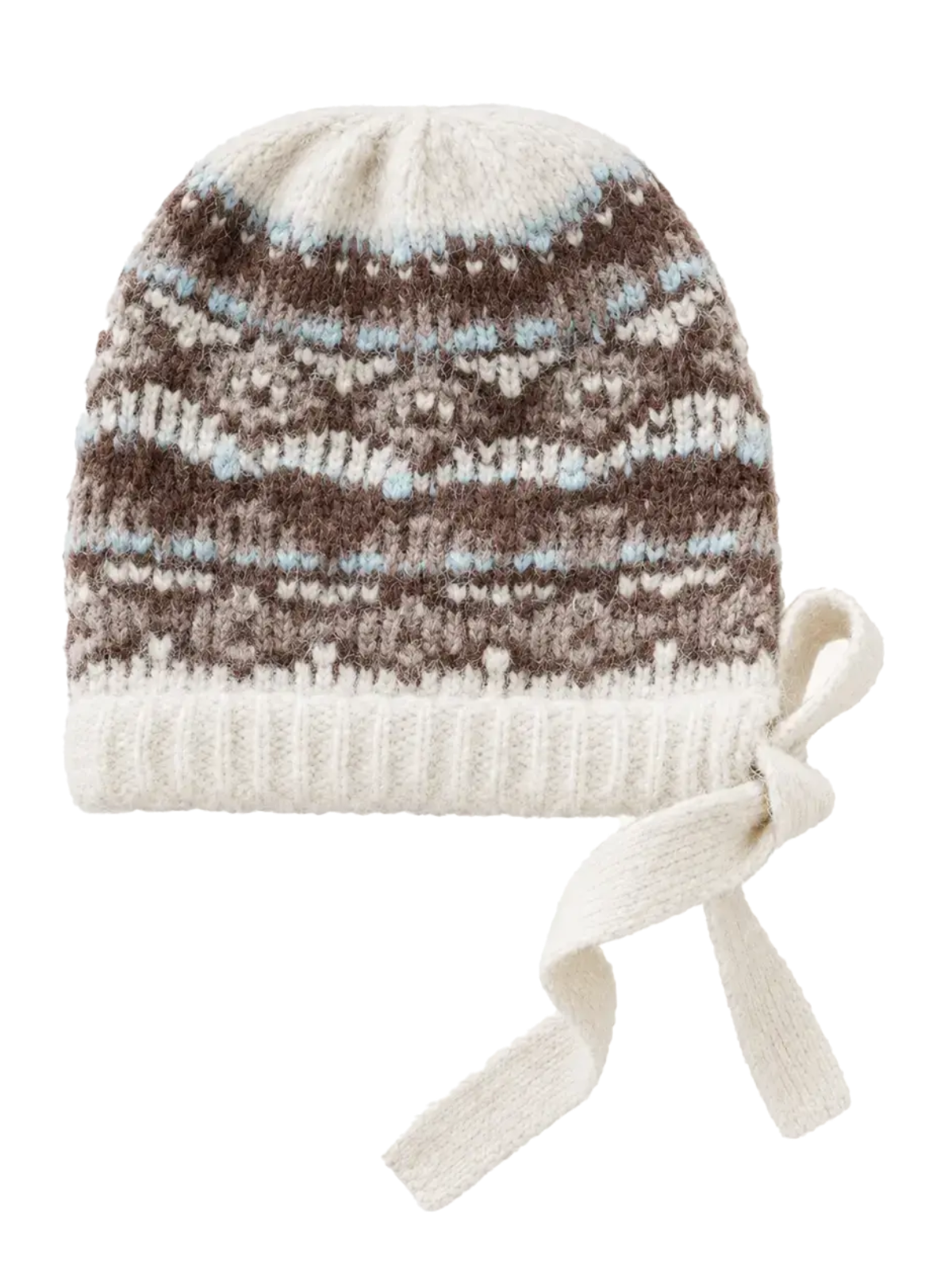 Women's khaki jacquard wool knit hat with tassel, transparent product view
