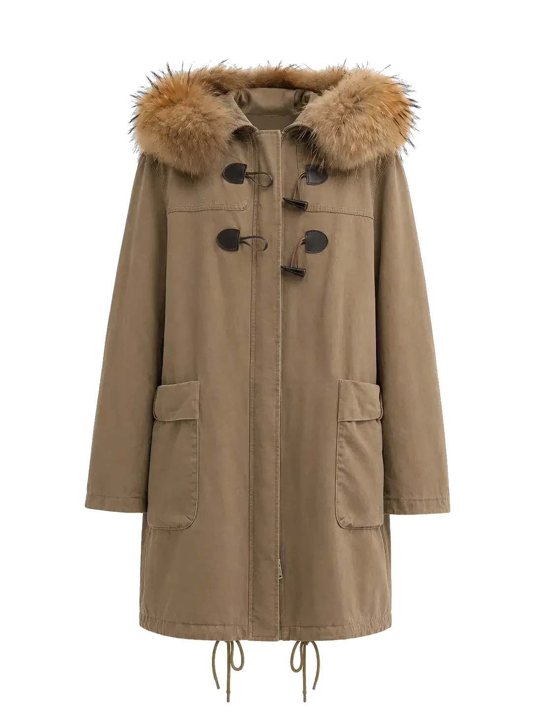 Letrans Muye Kingdom Yellowish Green 90% goose down parka with detachable raccoon fur collar front cutout