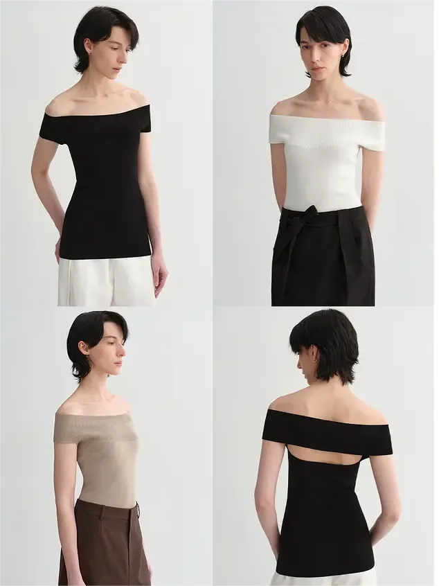 Mulberry silk blended one-shoulder strapless elegant multi-color knitted summer top T-shirt for women