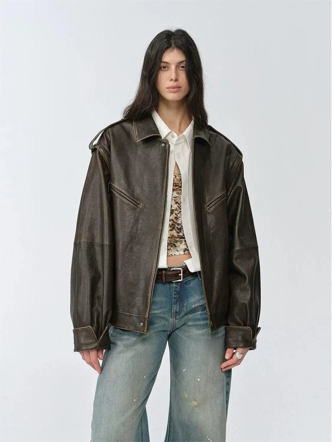 Fireladyfur Women's Two-Way Genuine Leather Jacket with Removable Sleeves"Barn Feelings"