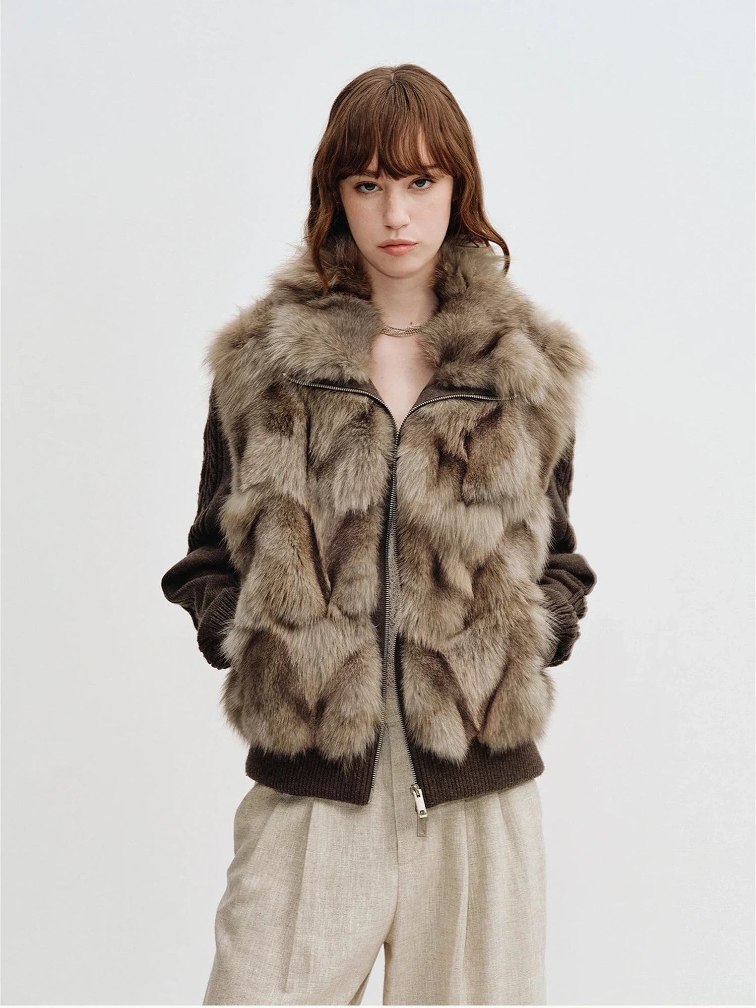 Moss Rock Brown Saga fox fur jacket styled with denim for winter layering