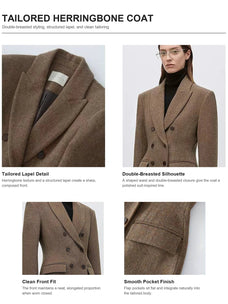 A catalog page showing a tailored herringbone coat from multiple angles with text callouts: Tailored Lapel Detail, Double-Breasted Silhouette, Clean Front Fit, and Smooth Pocket Finish. The page includes a model wearing the coat in a studio setting.