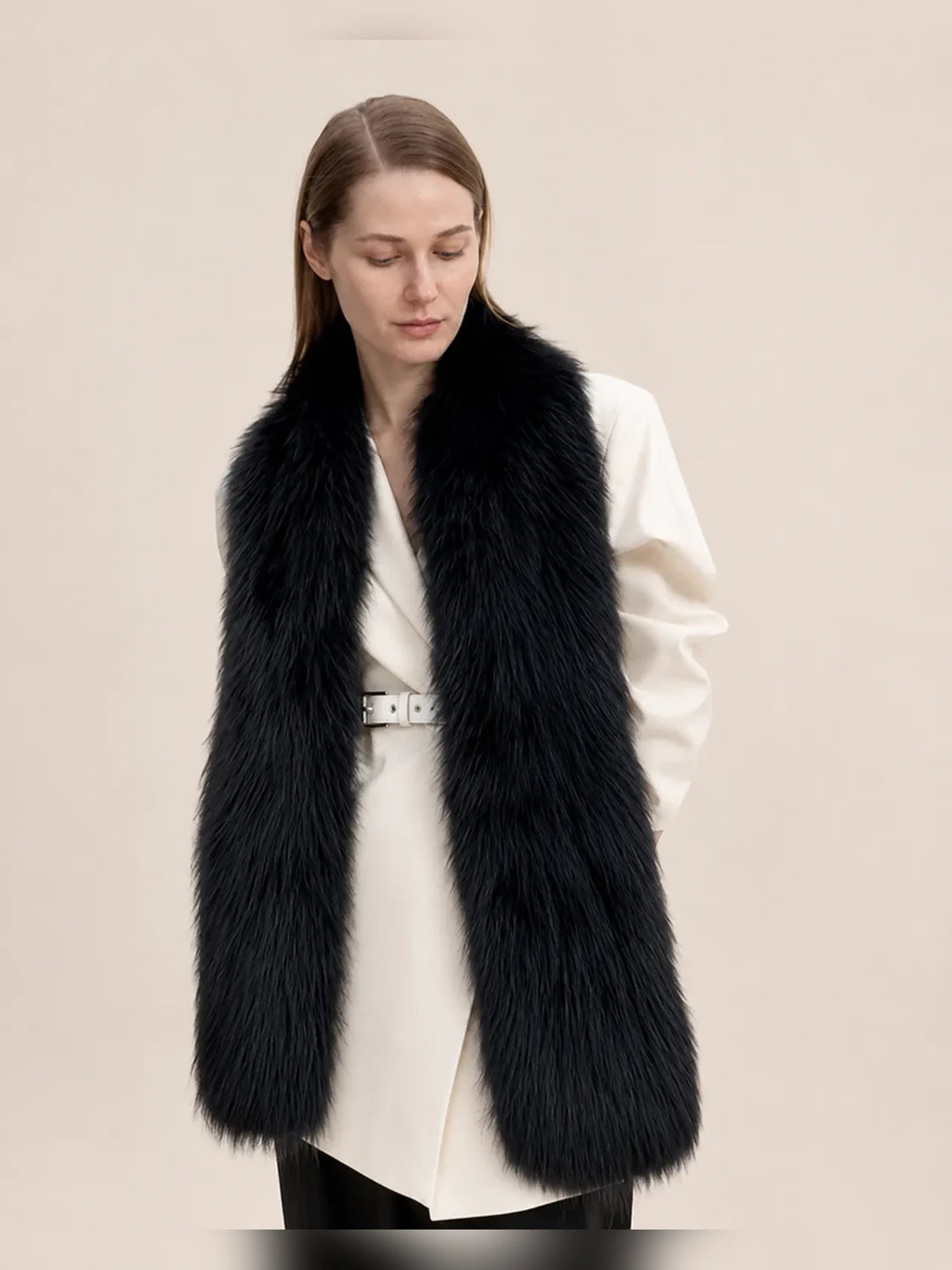 Women's extra-long black fox fur scarf in Black – styled on model | Firelady Fur