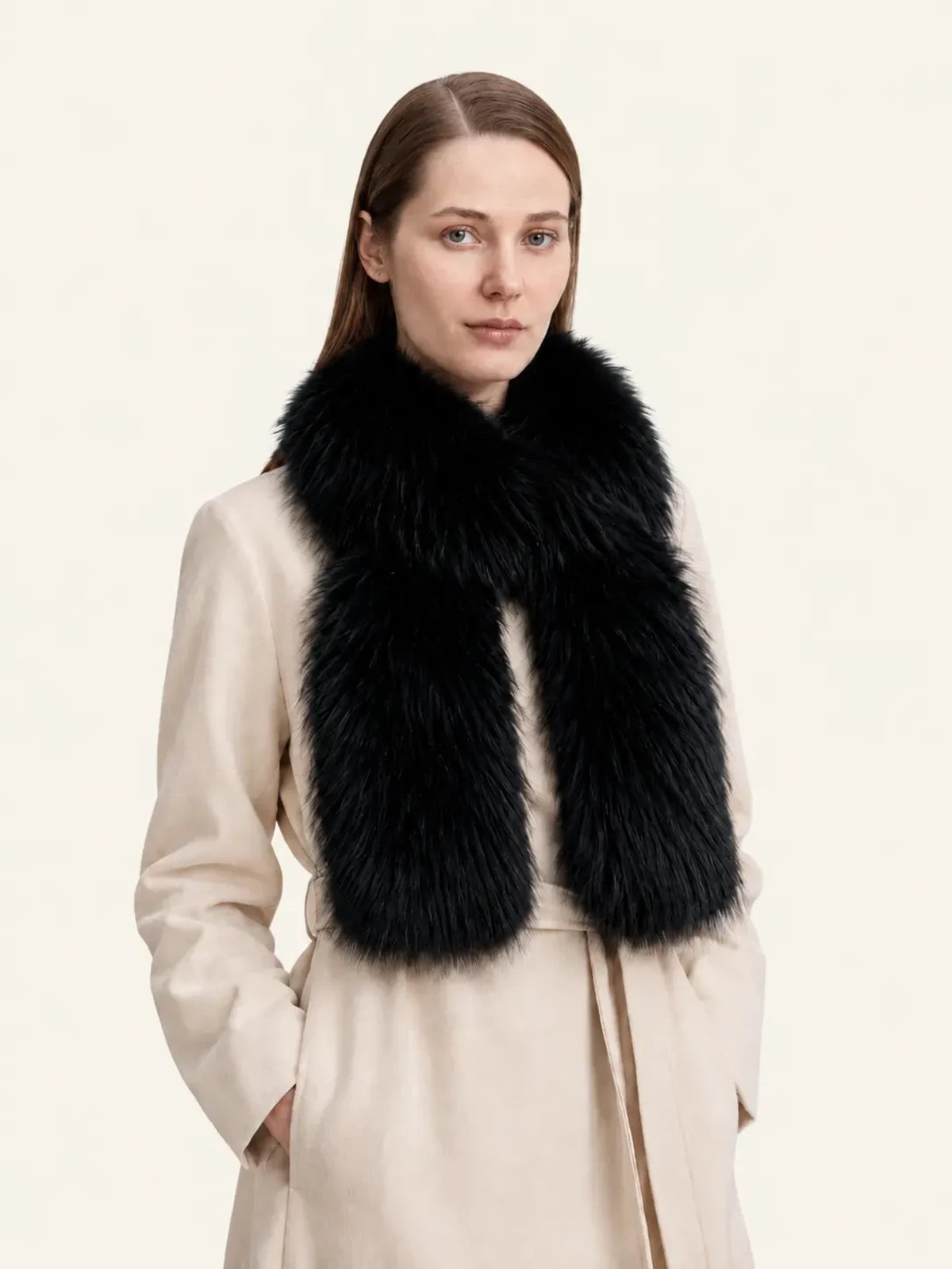 Women's extra-long black fox fur scarf in Black – styled on model | Firelady Fur