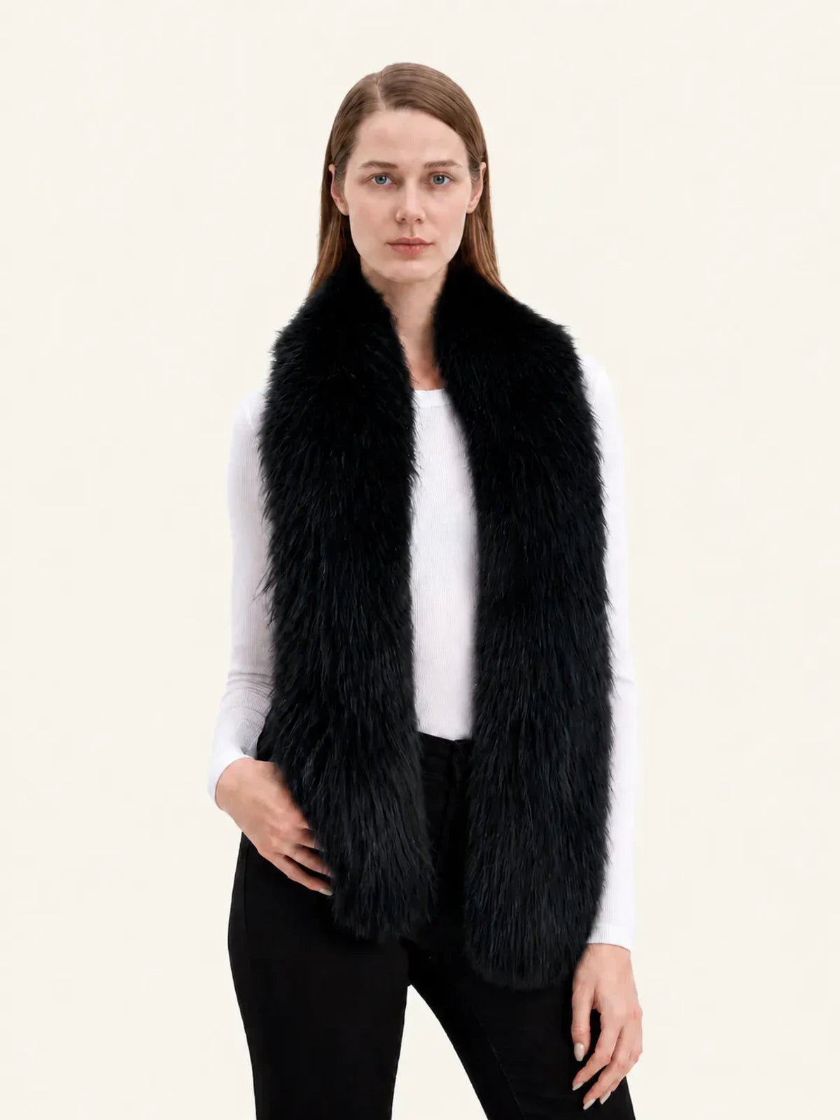 Women's extra-long black fox fur scarf in Black – styled on model | Firelady Fur
