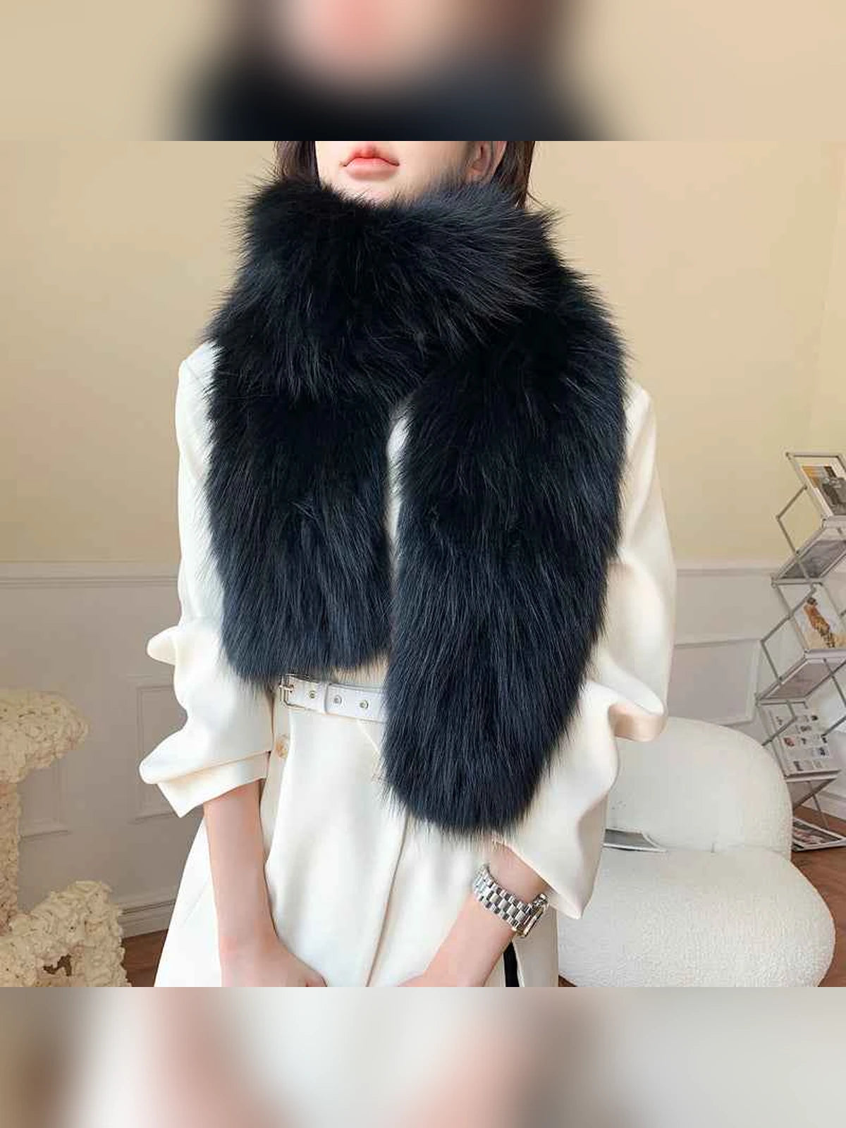 Women's extra-long black fox fur scarf in Black – styled on model | Firelady Fur