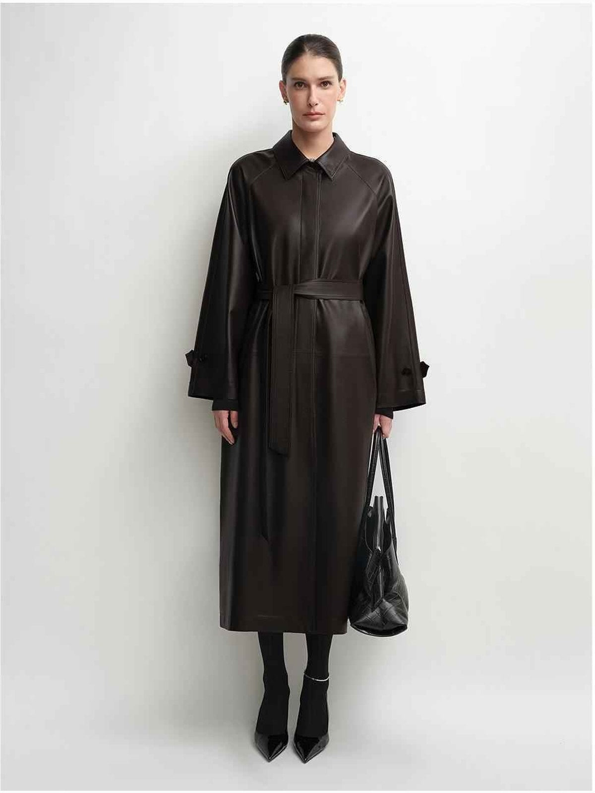 THE ARTM Women's Lambskin Leather Trench Coat - Long A-Line Raglan Sleeve Jacket