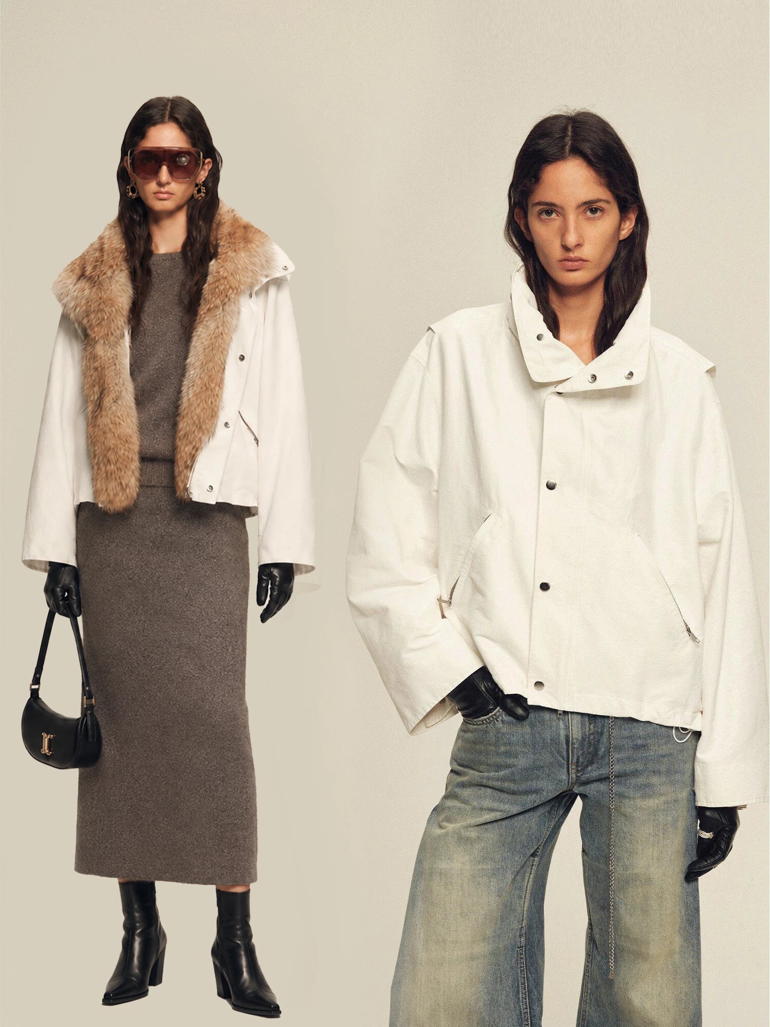 Model wearing Firelady Fur Epoch Winter white fur collar parka with coyote raccoon Tokay trim