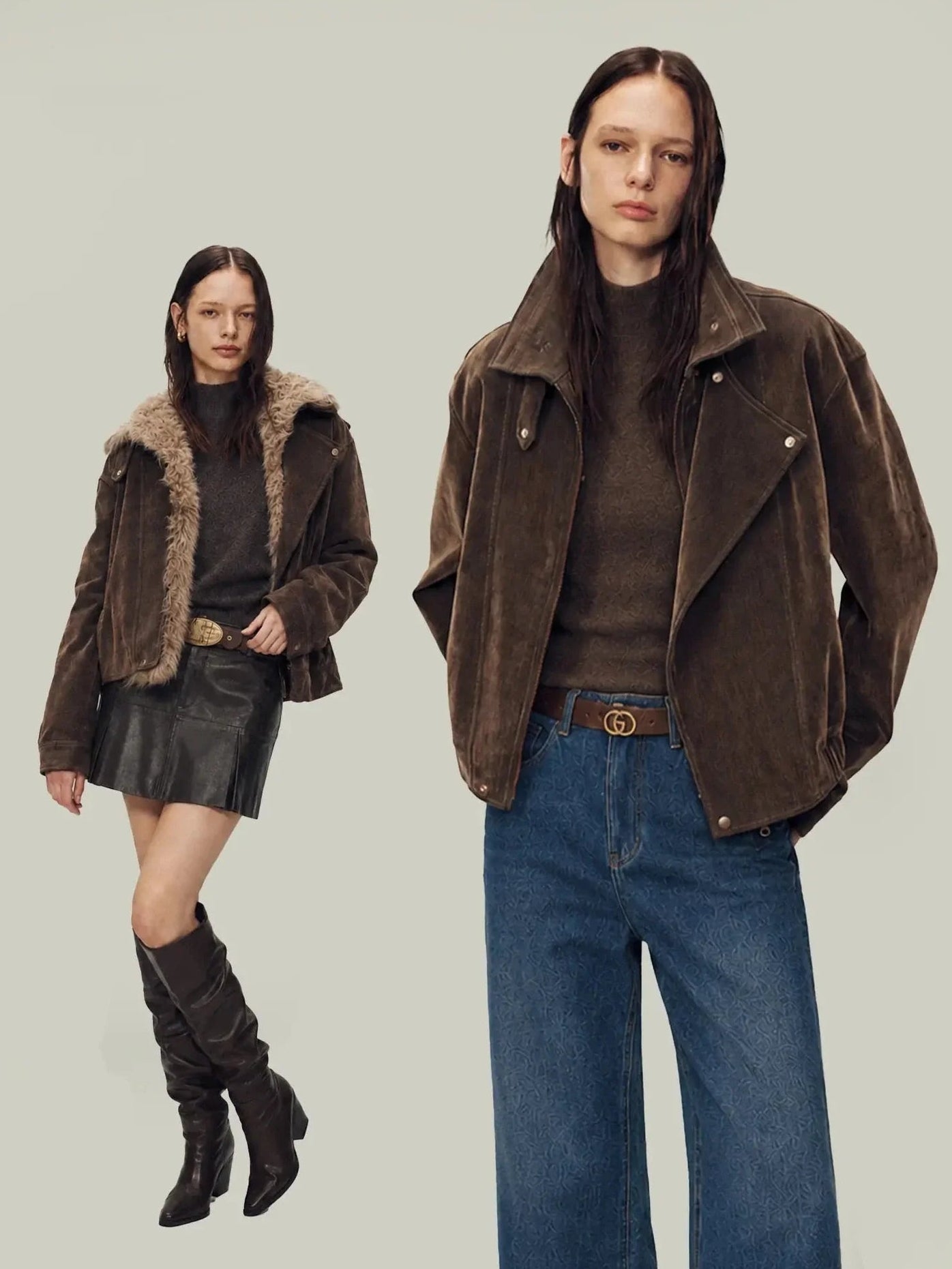 Model wearing Firelady Fur Wander Free chestnut brown denim parka with detachable fur collar front styling