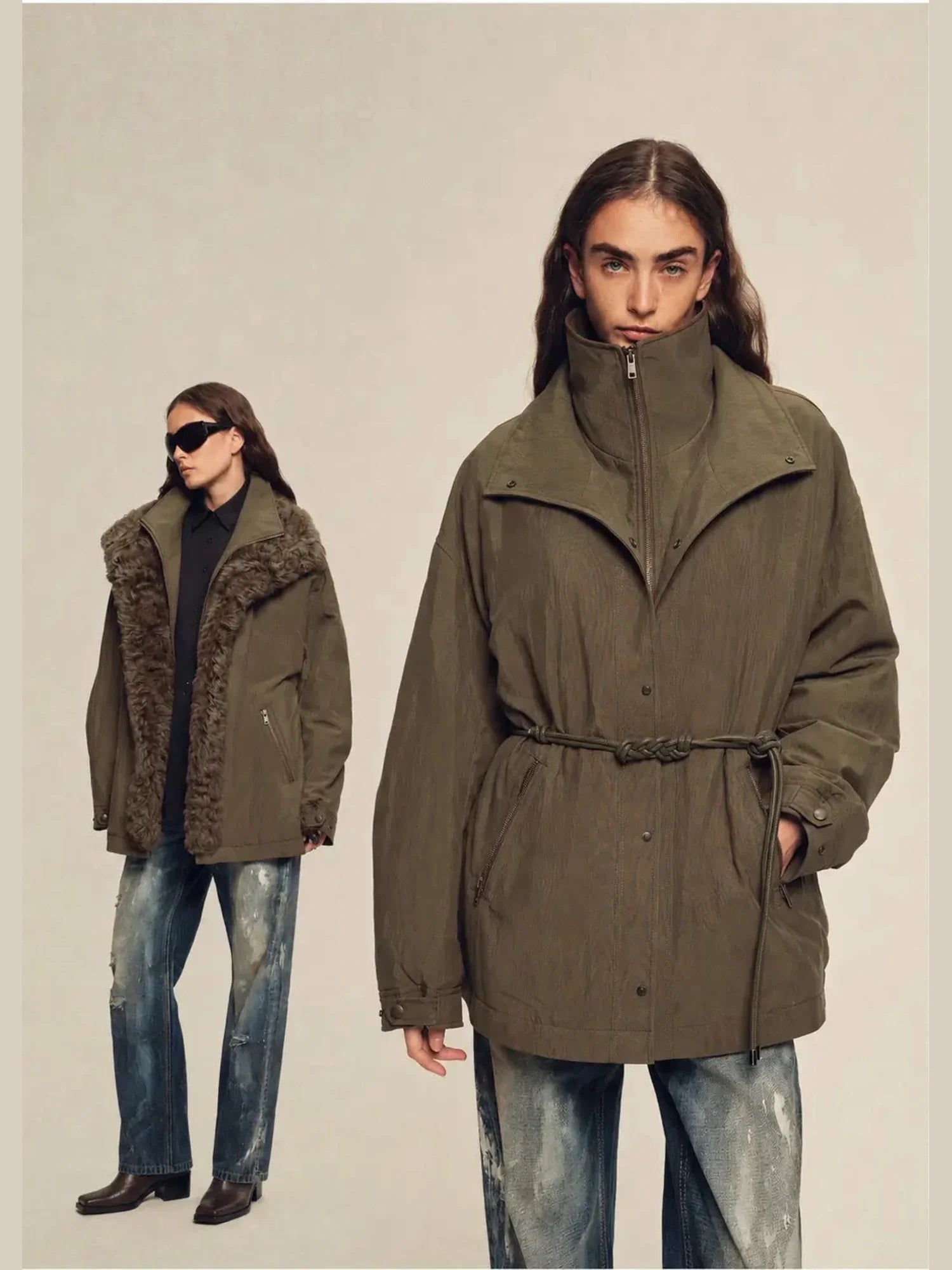 Model wearing Firelady Fur The Wizard of Oz gray green detachable Toscana shearling lined parka jacket