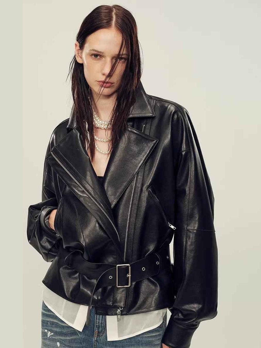 Firelady Fur Women's Two - Tone Waxed Sheepskin Leather Jacket - Belted Lapel Short Coat "Modern Queen" - variant_title