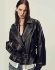 Firelady Fur Women's Two - Tone Waxed Sheepskin Leather Jacket - Belted Lapel Short Coat "Modern Queen" - variant_title
