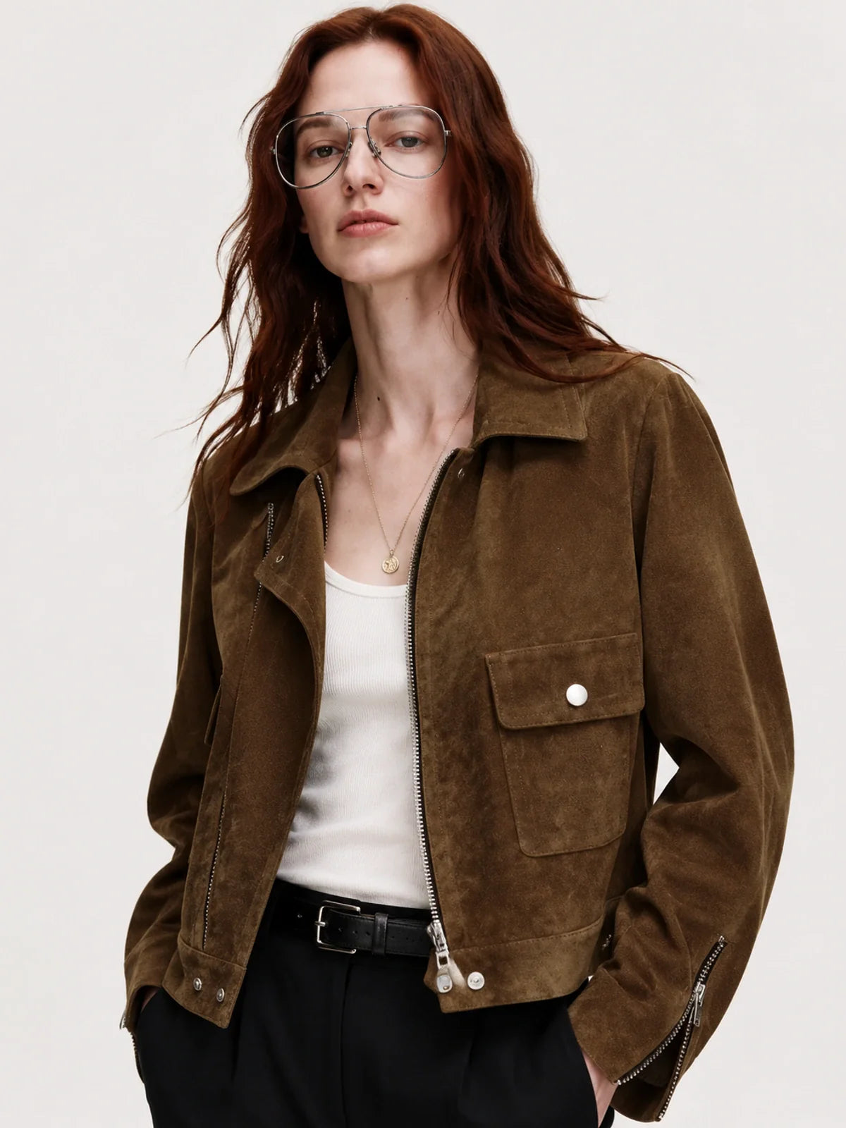 Movie Era suede biker jacket - Green front view